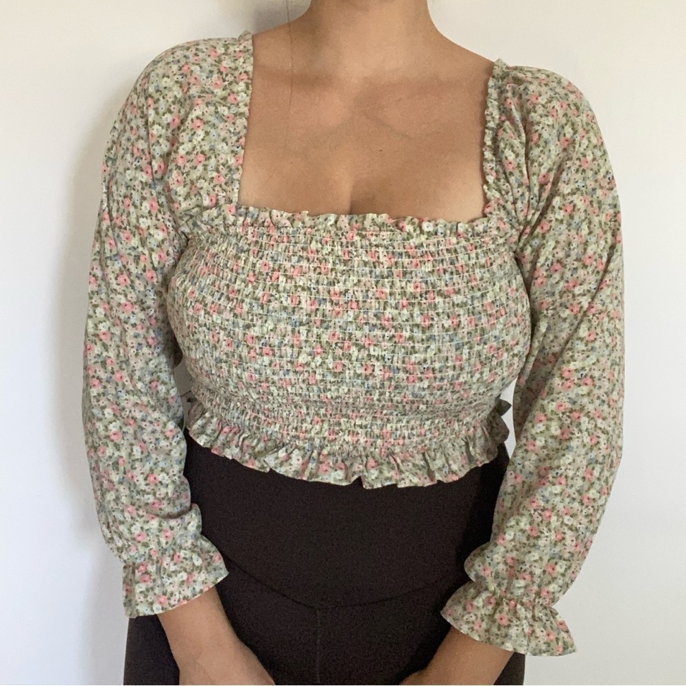 Forever 21 Green And Pink Floral Smocked Blouse